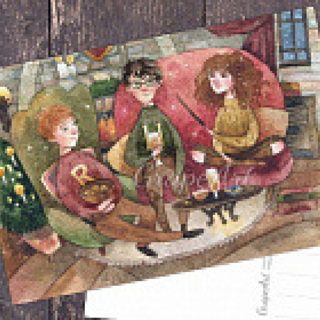 Ansichtkaart, Harry Potter en de 3 bezems.